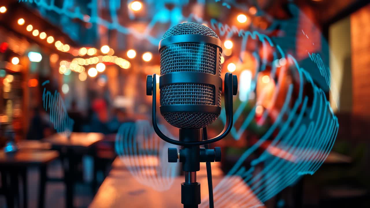 Mic ready for night gig. A microphone stands in focus, surrounded by warm lights in a lively venue, ready for the evening's entertainment.