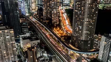 aerial view of tokyo traffic timelapse at night