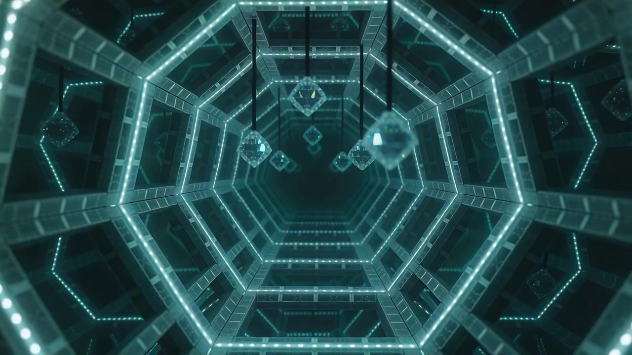 Pulsing LED arrays starting camera flythrough light tunnel, cubes rotating centrally