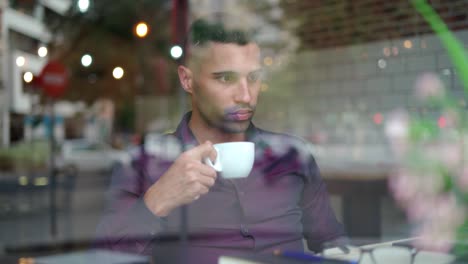 Hispanic-businessman-with-hot-drink-resting-in-cafeteria