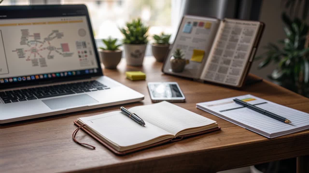 Panning camera revealing open leather notebook with pen on home desk by window, showing laptop