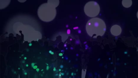 Animation-of-green,-purple-and-pink-spots-of-light-over-dancing-crowd,-with-spotlights