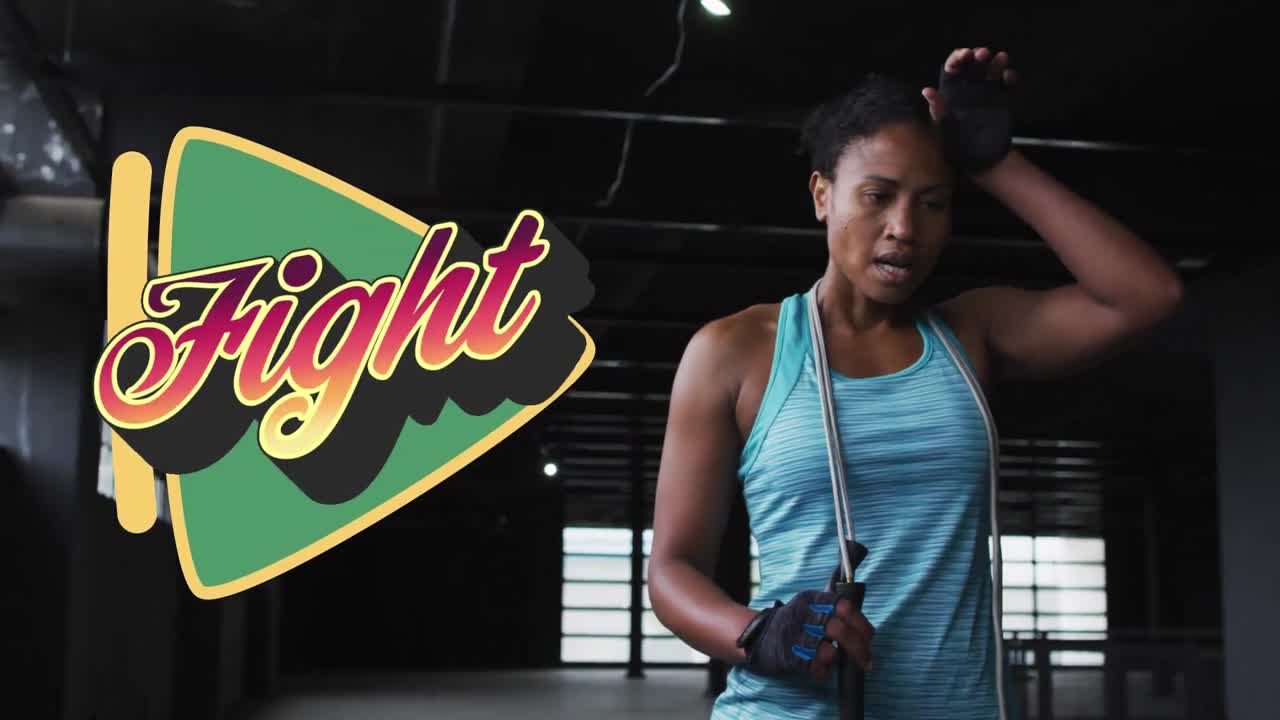 Animation of start text over green play button with woman with skipping rope taking break in gym