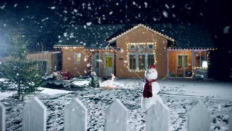footage of the idyllic house decorated with garlands on christmas eve, snowman and christmas tree stand on the front yard. beautiful winter evening with falling soft snow.