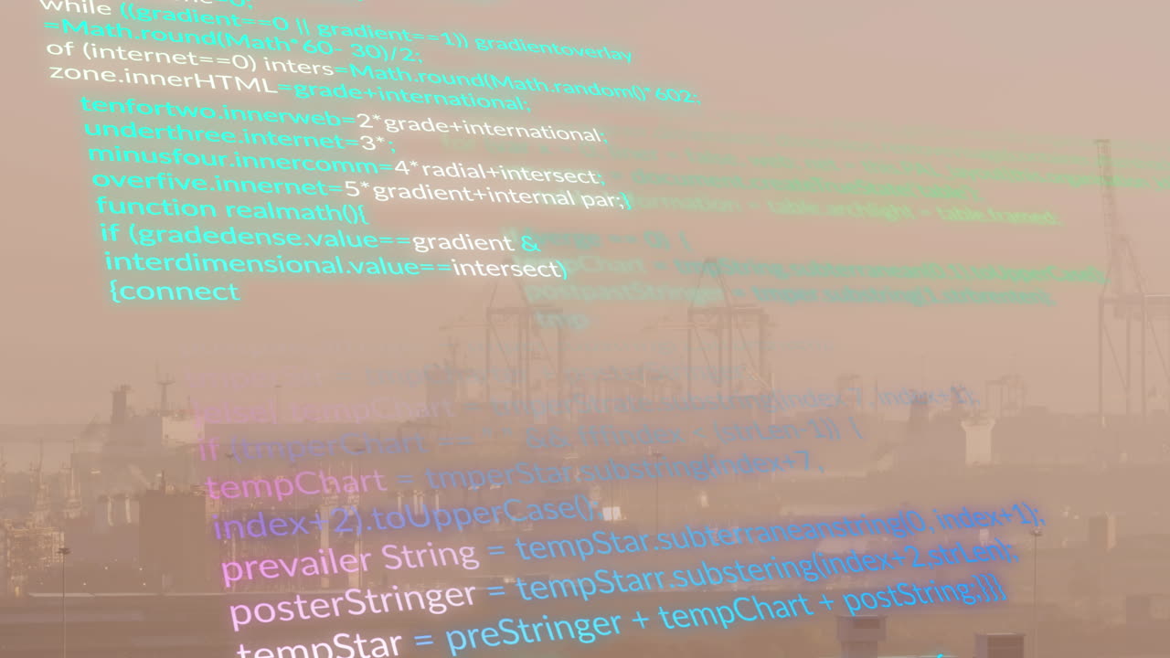 Animation of multicolored computer language over aerial view of modern buildings