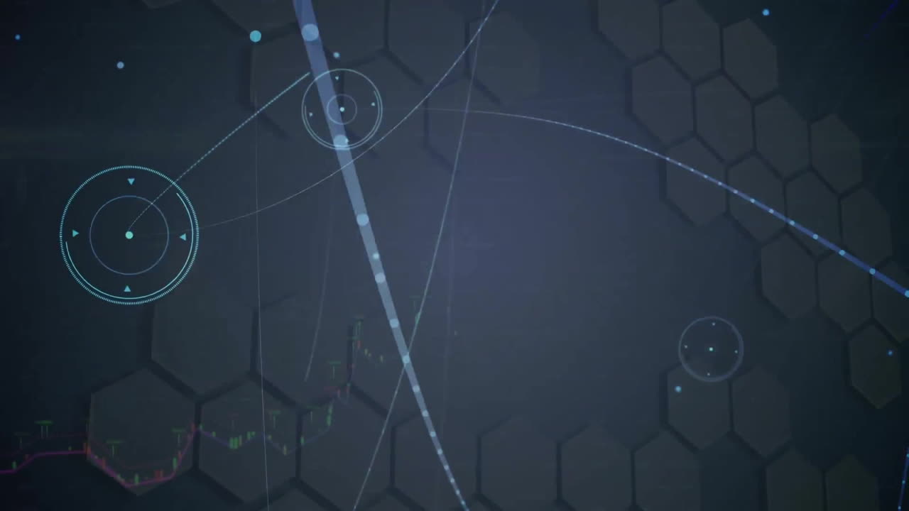 animación de puntos con conexiones y procesamiento de datos sobre fondo oscuro