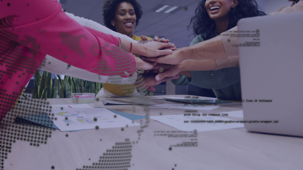 Animation of digital data processing over diverse business people stacking hands in office
