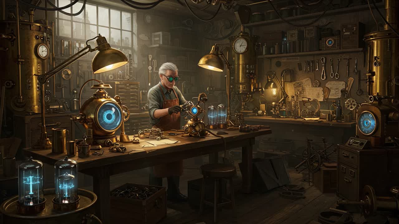 A Master Inventor Engaged in a Creative Crafting Session in a Vintage Workshop Filled with Innovative Tools and Mysterious Blue Technology