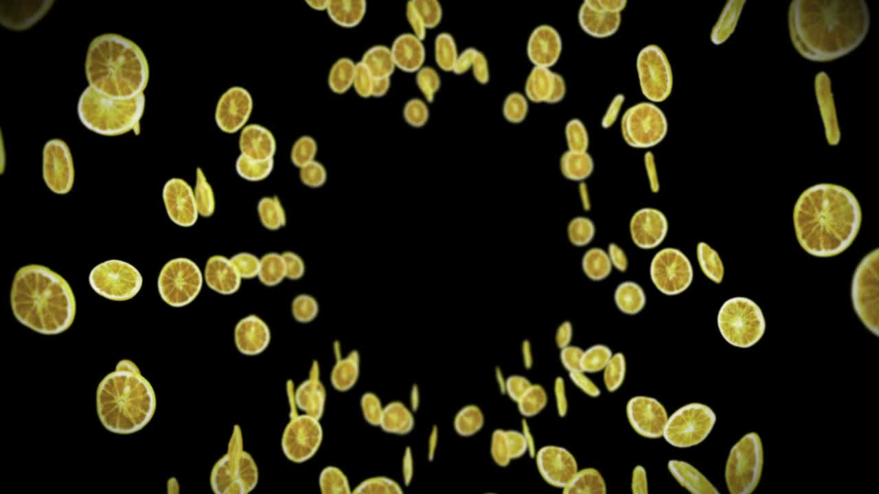 검은 바탕에 많은 건조 레몬을 날아. 탈수 된 과일, 음식 개념. 3d 애니메이션 조각 된 과일 레몬 회전. 루프 애니메이션.