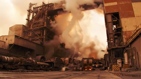 a dramatic industrial scene captured in two frames: smoke and flames emerge from machinery in a steel factory, highlighting the intensity of manufacturing processes