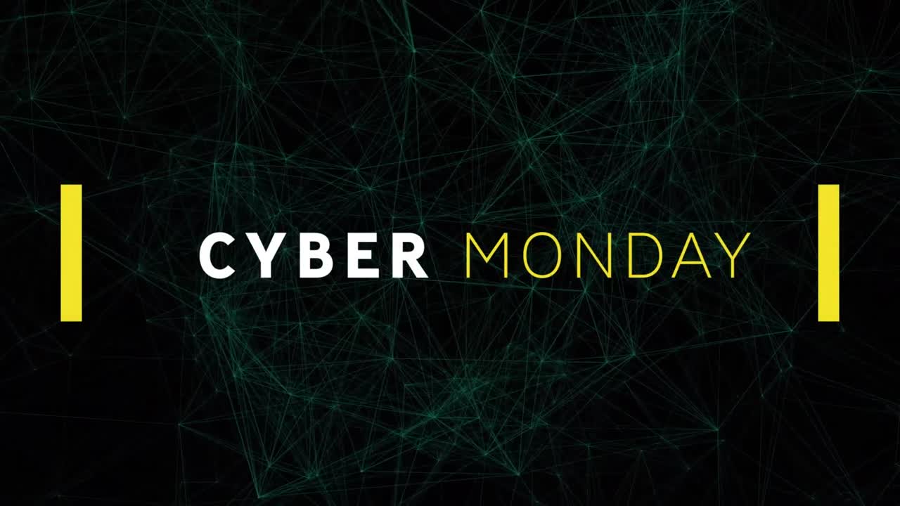 Animation af teksten "Cyber Monday Sale" over netværk af forbindelser.
