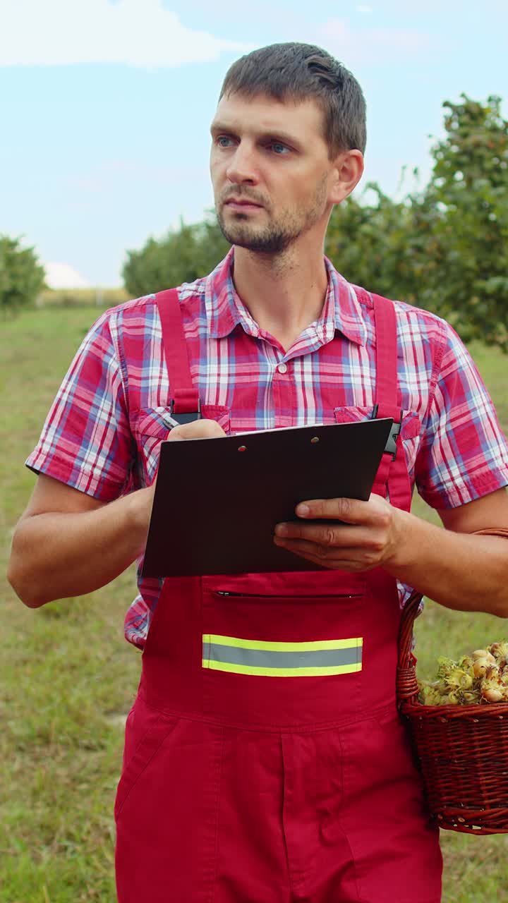 jardinero agrónomo hombre granjero analizando avellanas filas de árboles en el jardín haciendo notas en el diario