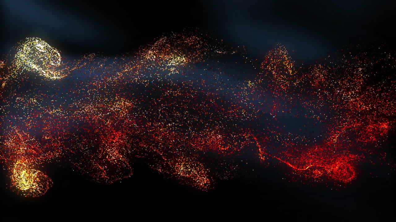 Abstract particles forming dynamic shapes, glowing red and yellow animation