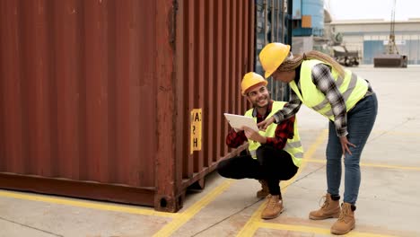 operadores industriales multirraciales que trabajan en la terminal logística de carga de contenedores