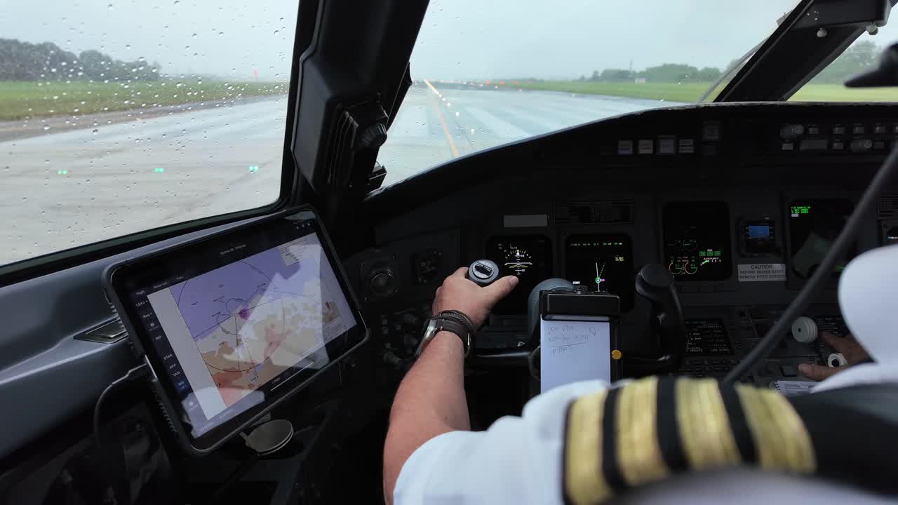 despegando de una pista en un día de lluvia