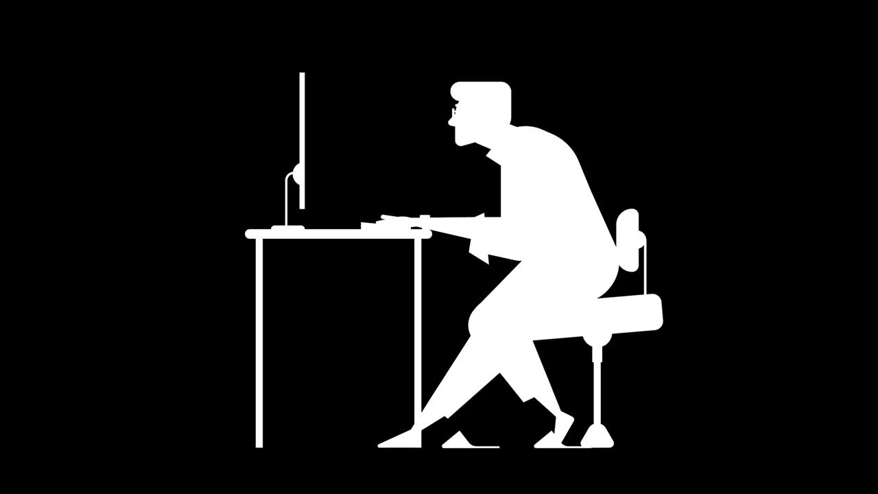 컴퓨터에서 일하는 만화 남자.