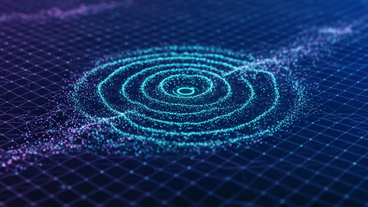 Exploring the Infinite Patterns of Energy Waves: A Detailed Look at Distinct Circular Ripples Emerged on a Grid Background, Showcasing Vibrant Colors and 3D Effects