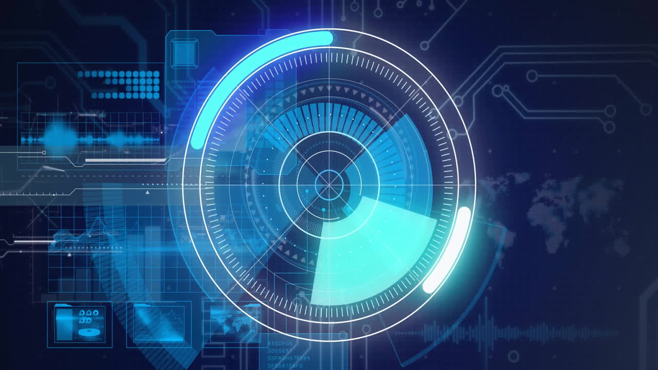 Animation of scope scanning over data processing on blue background
