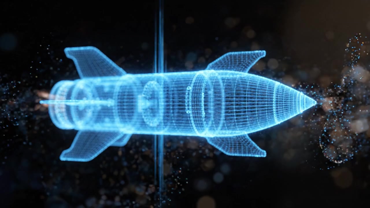 A Three-Dimensional Holographic Illustration of a Rocket in Motion Against a Shimmering Background with Dynamic Particles and Light Effects Interacting