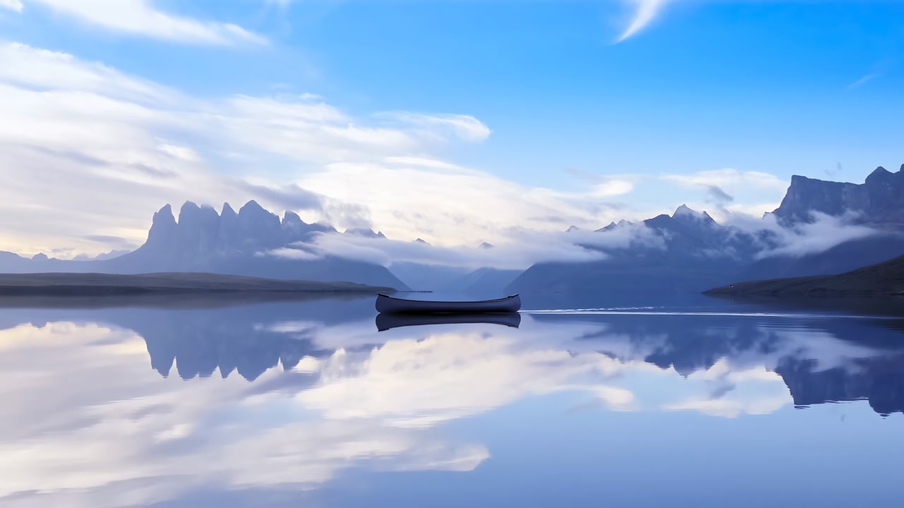 Solitary Boat Floating On Mirrored Lake Soft Dawn Light, Low Clouds And Mist Drifting Across Glassy Water