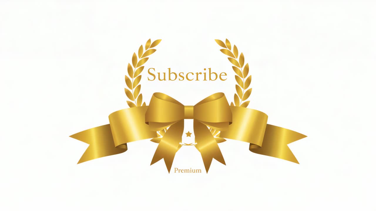 Opening gold emblem on play revealing ribbon loops on white backdrop showing Subscribe Premium star