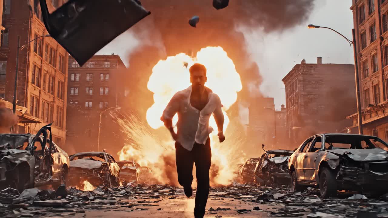 Man Running from Explosions and Destruction