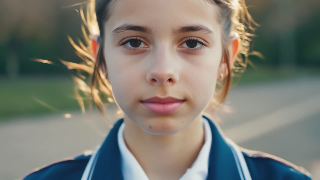 학교 유니폼 을 입은 어린 소녀 가 직접 카메라 를 바라보고 있다