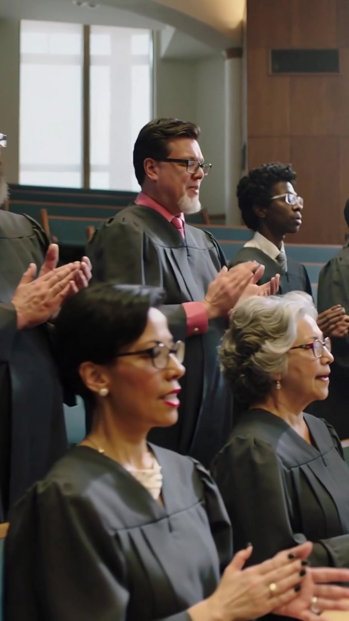 Video verticale: In risposta al segnale del direttore, un coro applaude e canta in chiesa, indossando le vesti.