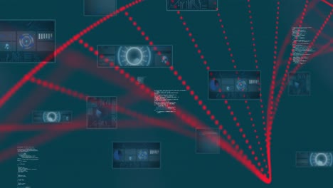 Animation-Eines-DNA-Strangs,-Der-Sich-über-Zielfernrohre-Dreht,-Und-Datenverarbeitung-Auf-Bildschirmen