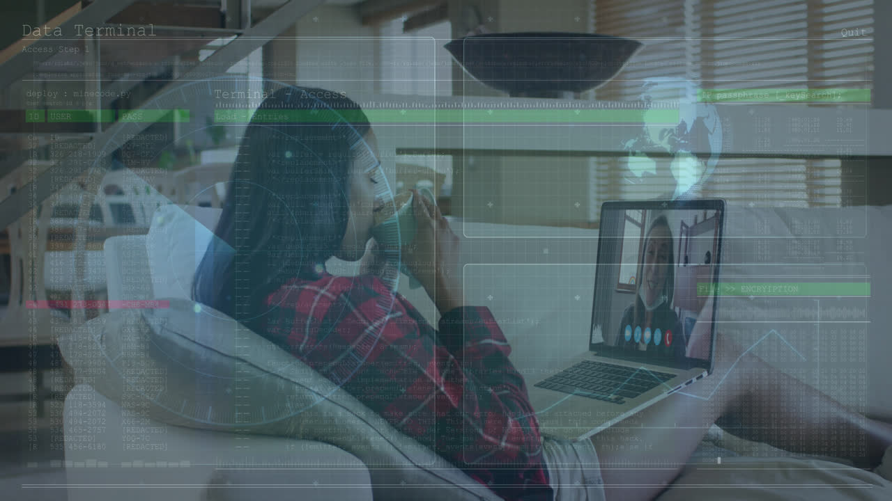Animation of digital screen with diverse data over biracial woman having video call on laptop