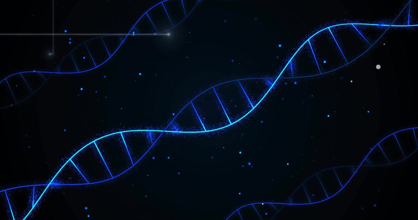 DNA strands glowing blue, scientific data processing animation over dark background