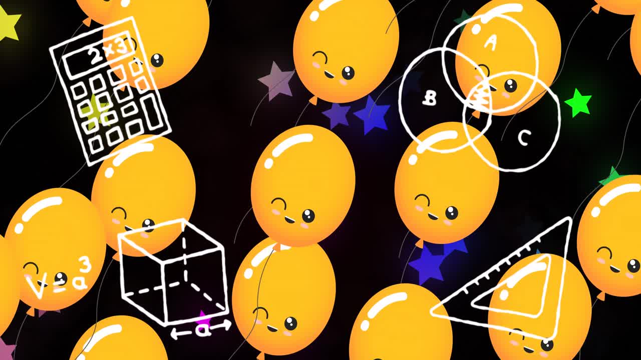 검은색 배경에 있는 풍선과 별 위에 있는 학교 아이콘의 애니메이션