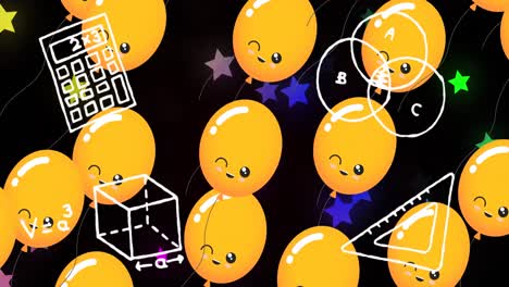 Animation-of-school-items-icons-over-balloons-and-stars-on-black-background