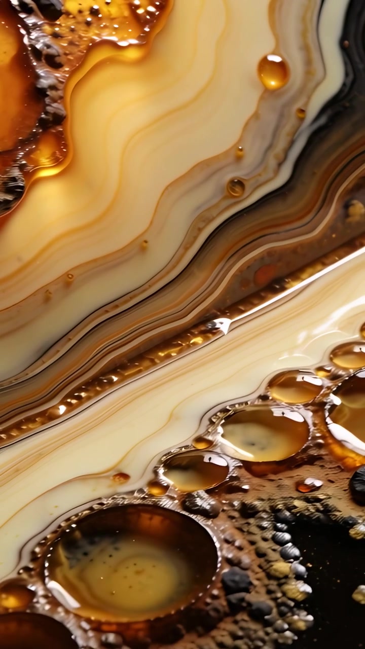 Vertical video: Sweeping camera revealing banded agate at table, showing amber droplets and pebbles