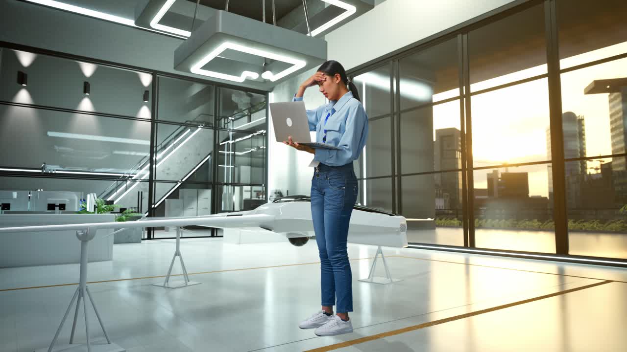 mujer trabajando en una computadora portátil en una oficina moderna con un vehículo volador