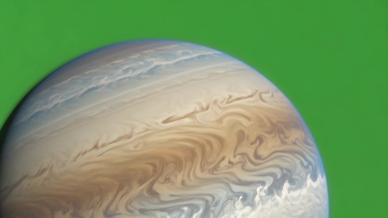 Rotating planet-like sphere showing lower-right banded clouds and vortices against green backdrop