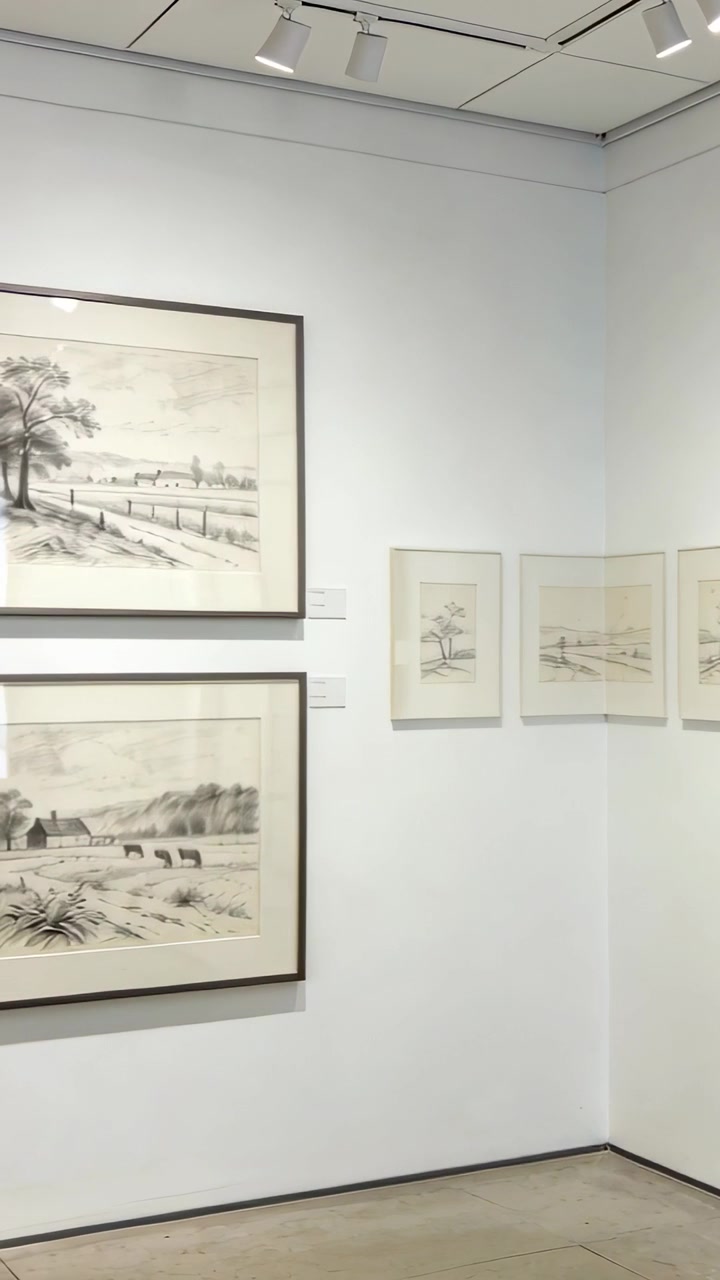 Video verticale: Telecamera che panoramica mostrando opere d'arte incorniciate in una galleria, con etichette e riflessi per l'archivio