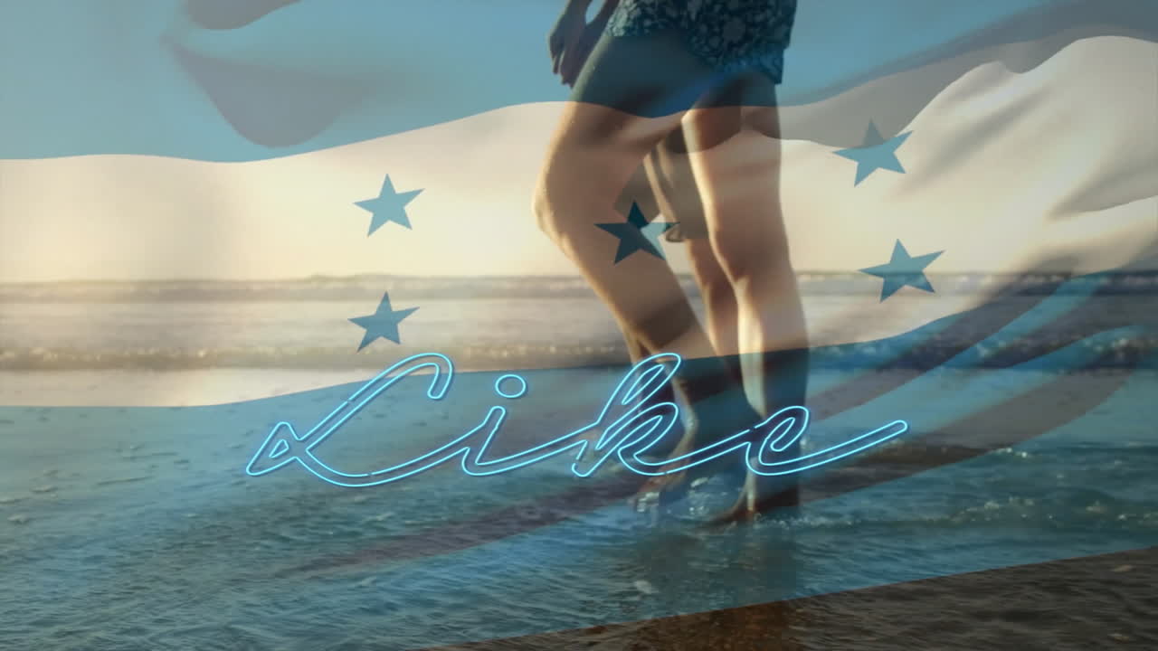 Walking on beach, feet with Like text and flag animation overlay