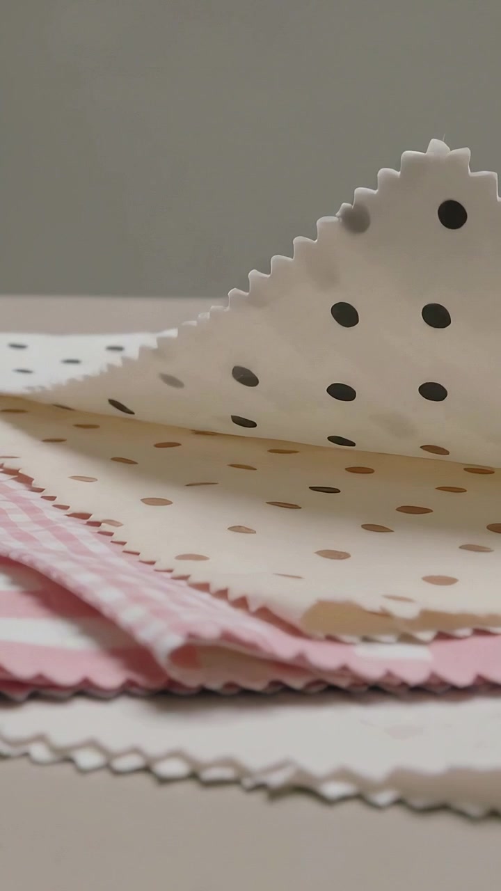 Vertical video: Lifting top polka-dot fabric curling on tabletop, revealing pink gingham layers
