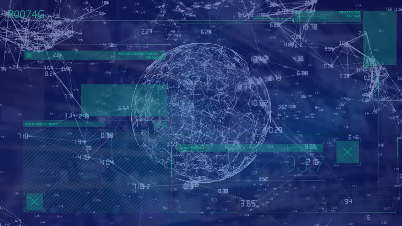 Animation of circles and abstract pattern over globes against abstract background