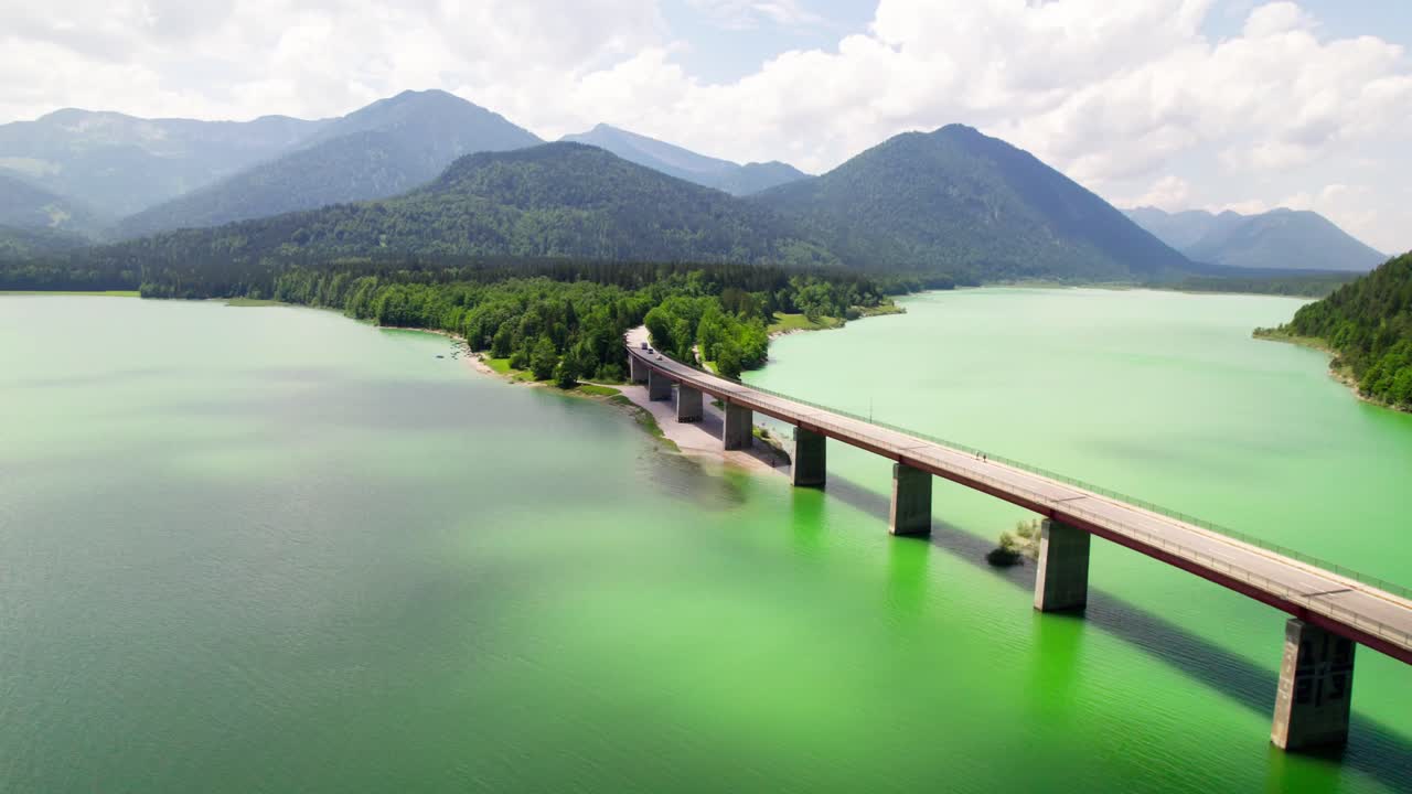 Sylvenstein Lake And Bridge In Bavaria, Germany - Aerial Shot