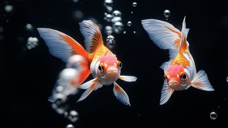 colorful goldfish swimming in bubbles. two vibrant goldfish glide gracefully through a dark aquarium filled with tiny bubbles.