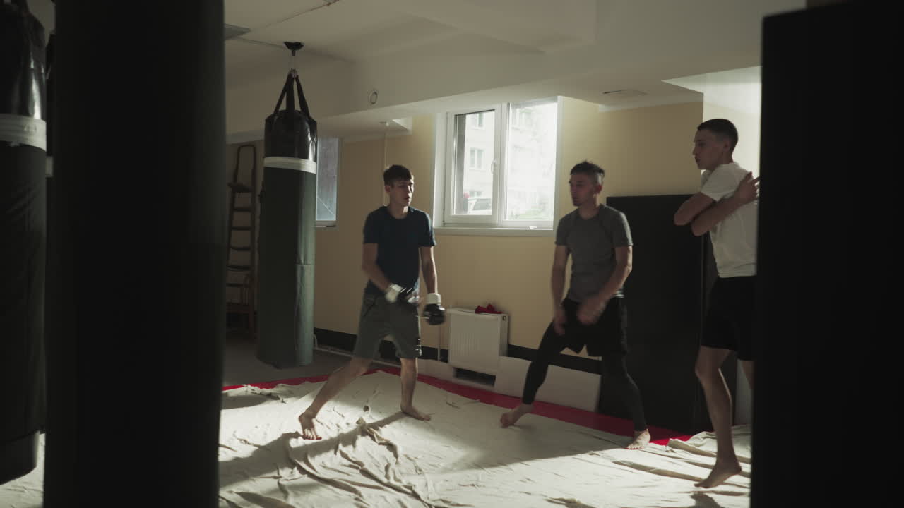 운동선수들은 싸움 체육관에서 팔을 따뜻하게 하고, 을 고 달린다. 전투기들은 혼합 무술 클럽에서 느린 동작으로 활발한 운동을 한다.