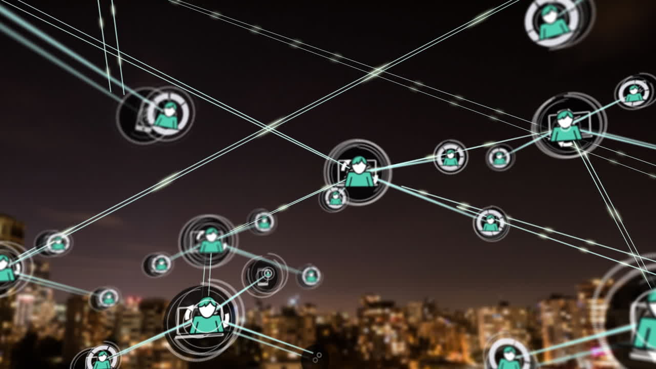 animación de la red de conexiones con iconos sobre el paisaje urbano