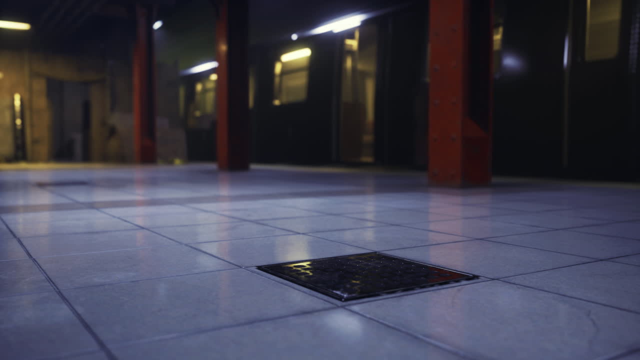 Dark subway station floor with hidden drain in dim lighting environment