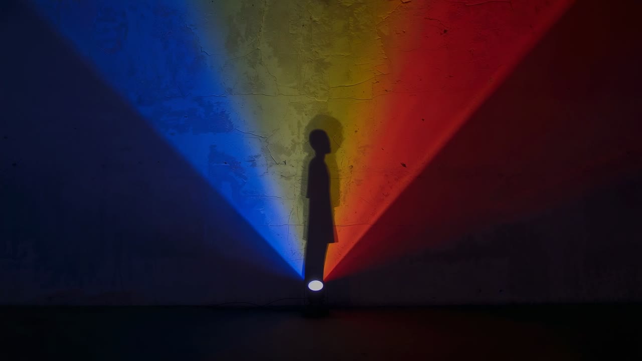 Baixa iluminação de galeria projetando feixes azuis e vermelhos, figura no centro bloqueando e formando uma sobreposição amarela