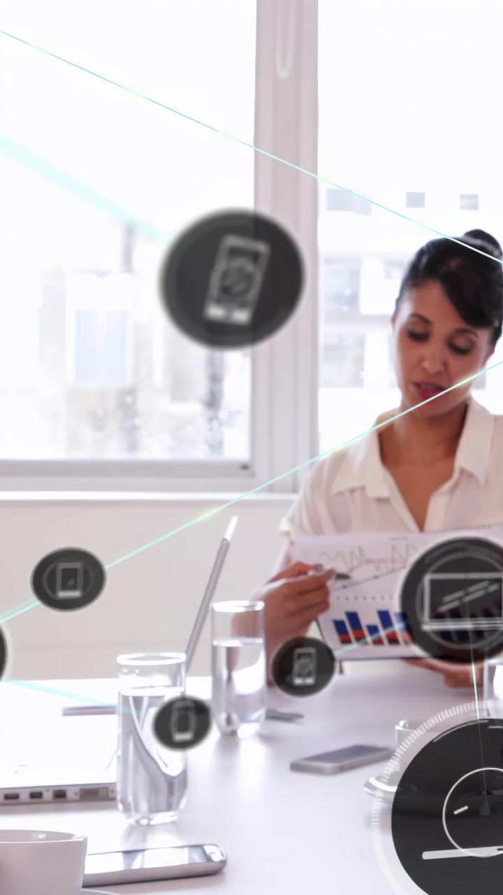 Vertical video: Woman pointing report, icons linking as hand scrolling phone, showing network