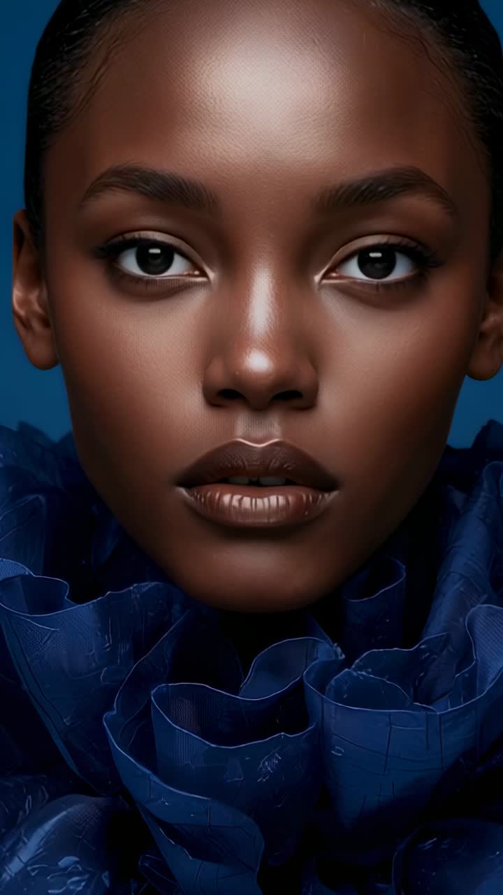 Vertical video: Recording, model blinking, shifting gaze with blue backdrop, wearing ruffled collar