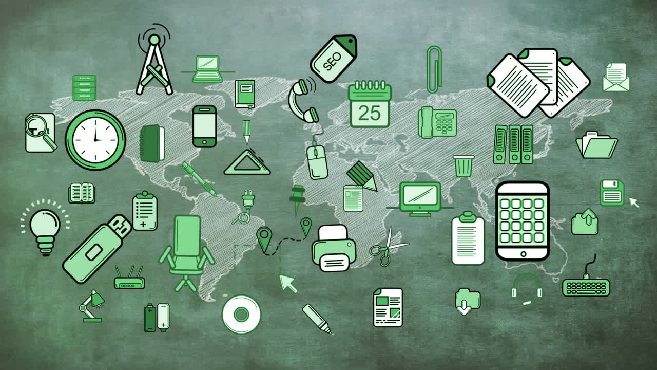 iconos de negocios contra un mapa del mundo