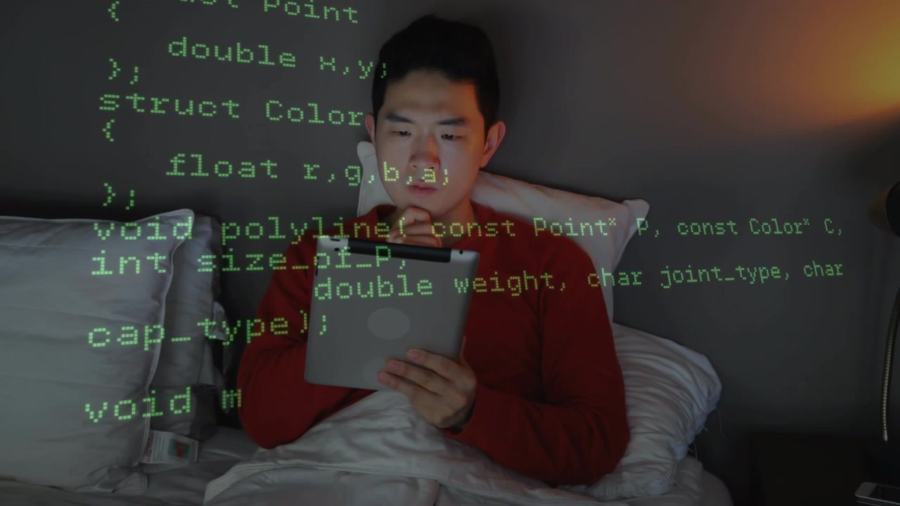 Animation of data processing over man using tablet